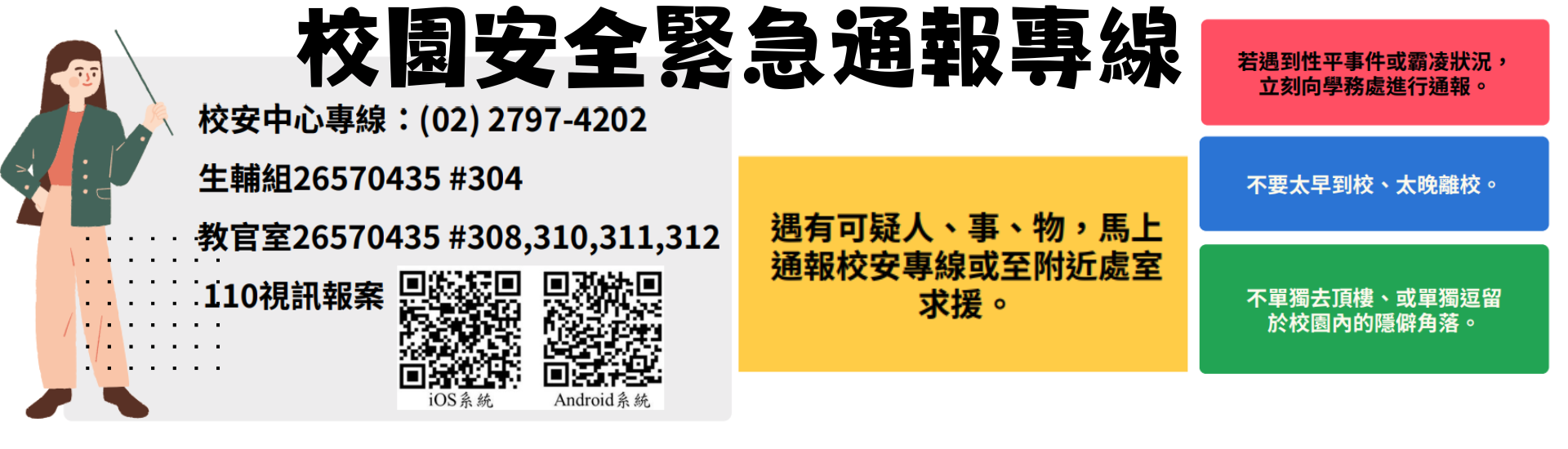 校園安全24小時緊急通報專線，若同學有遇安全狀況請立刻撥打專線電話求援